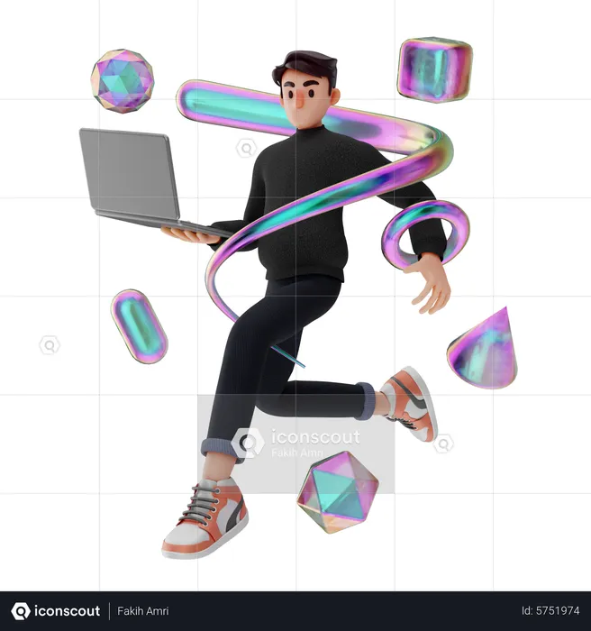 Hombre corriendo mientras sostiene la computadora portátil  3D Illustration