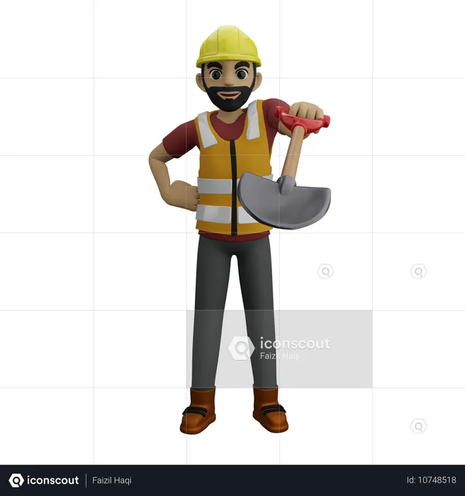 Hombre de construcción sosteniendo una pala  3D Icon