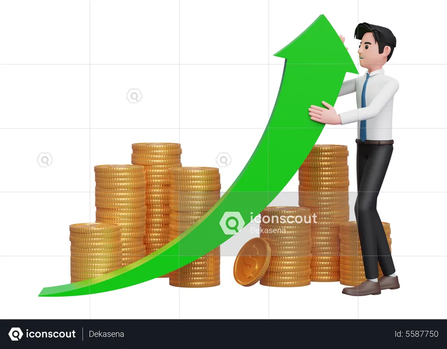 Hombre de negocios con camisa blanca y corbata azul desvía la flecha verde hacia arriba con un adorno de pila de monedas de oro  3D Illustration