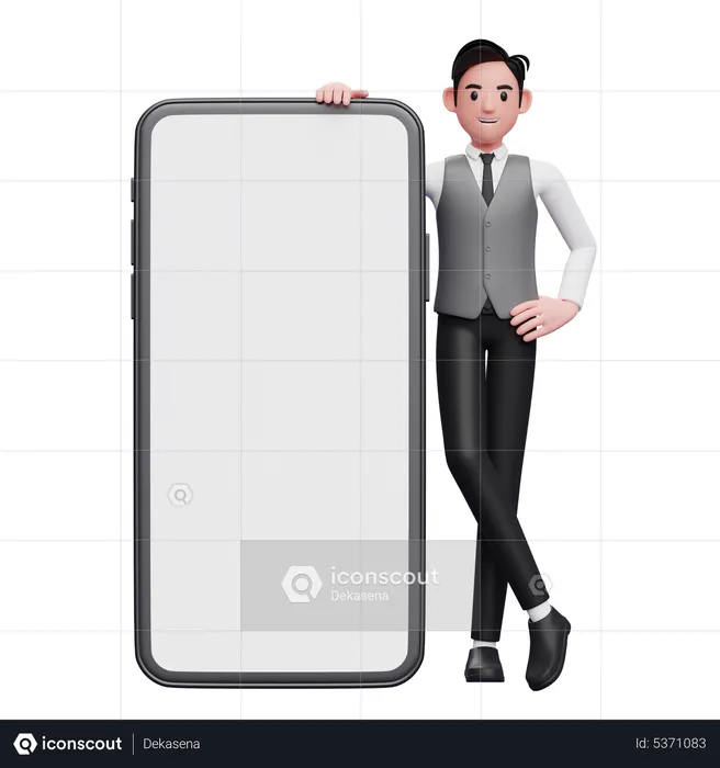 Hombre de negocios con chaleco gris parado junto a un teléfono grande con pantalla blanca con las piernas cruzadas y las manos en la cintura  3D Illustration