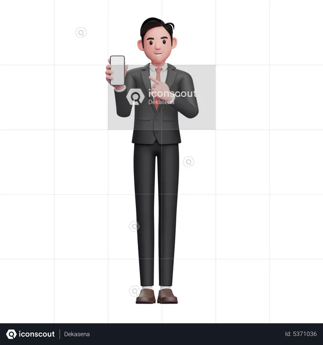 Empresario con traje formal negro apuntando a la pantalla del teléfono  3D Illustration