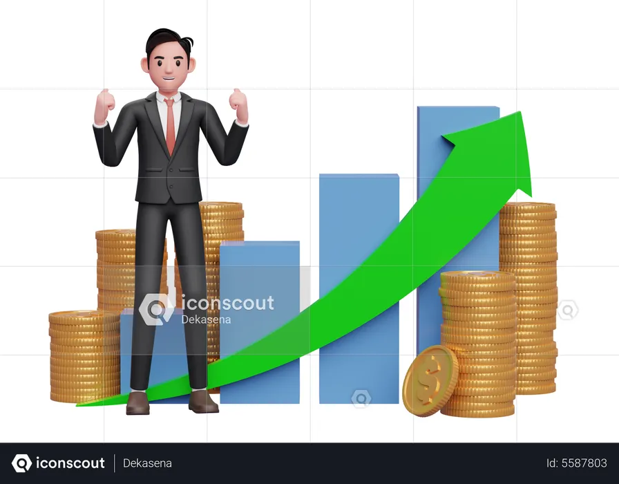 Hombre de negocios con traje formal negro celebrando con los puños cerrados frente a un gráfico de barras de crecimiento positivo con adorno de monedas  3D Illustration