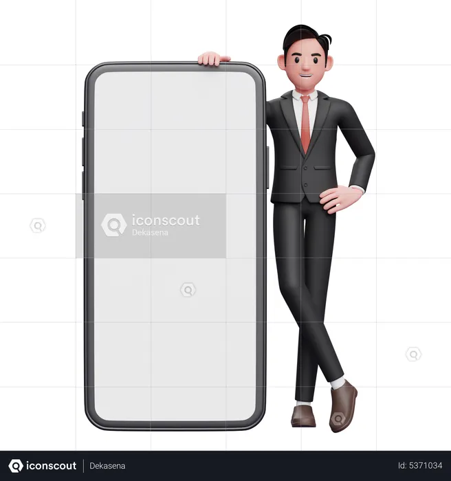 Hombre de negocios con traje formal negro parado junto a un teléfono grande con pantalla blanca con las piernas cruzadas y las manos en la cintura  3D Illustration