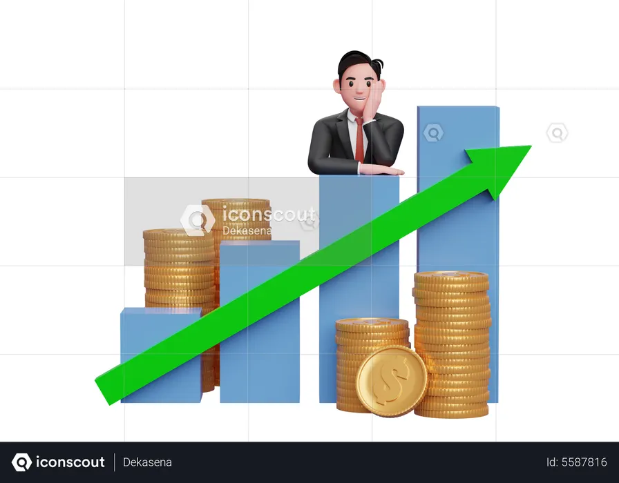 Empresario con traje formal negro poniendo su barbilla en la mano mientras se apoya en el gráfico de barras Crecimiento de las acciones  3D Icon