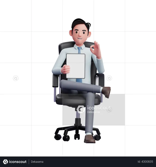 Empresario sentado en una silla de oficina sosteniendo una tableta y dando el dedo ok  3D Illustration