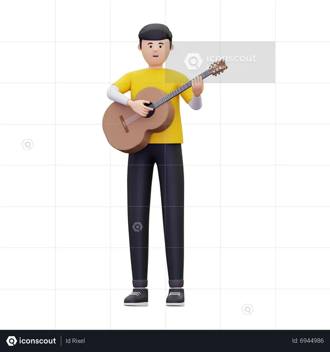 Hombre de pie mientras toca una guitarra acústica  3D Illustration