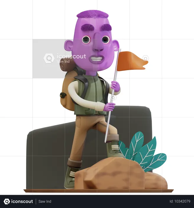 Hombre escalando una montaña y portando una bandera  3D Icon