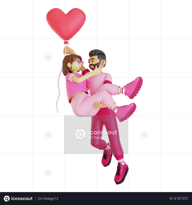 Hombre feliz levantando a niña con globo de corazón  3D Illustration