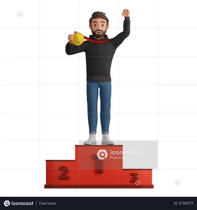 Hombre ganador de pie en el podio  3D Illustration