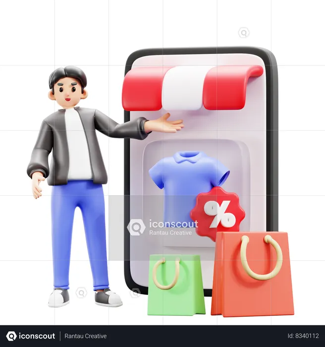 Hombre haciendo compras en la tienda en línea  3D Illustration