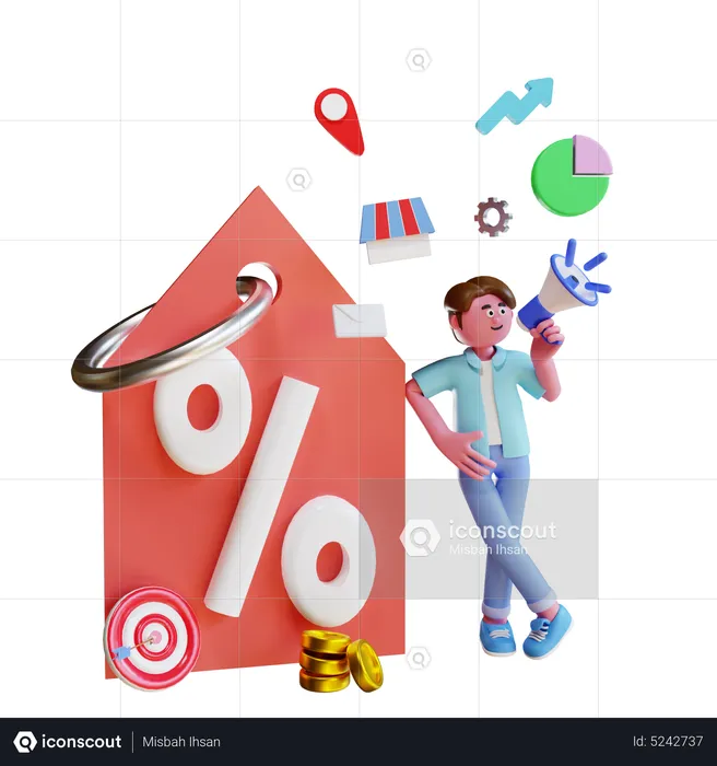 Hombre haciendo marketing digital con gran descuento.  3D Illustration