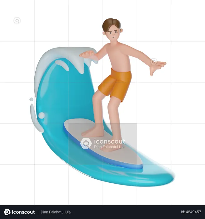 Hombre haciendo surf en la playa usando tabla de surf  3D Illustration