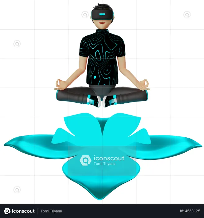 Hombre haciendo yoga en el mundo virtual  3D Illustration