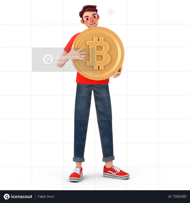 Hombre sosteniendo bitcoin  3D Illustration