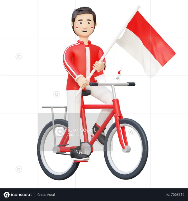 Hombre montando bicicleta con bandera de indonesia  3D Illustration