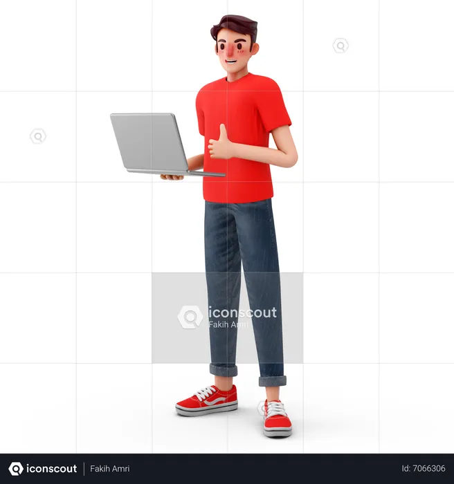 Hombre mostrando los pulgares hacia arriba mientras usa la computadora portátil  3D Illustration