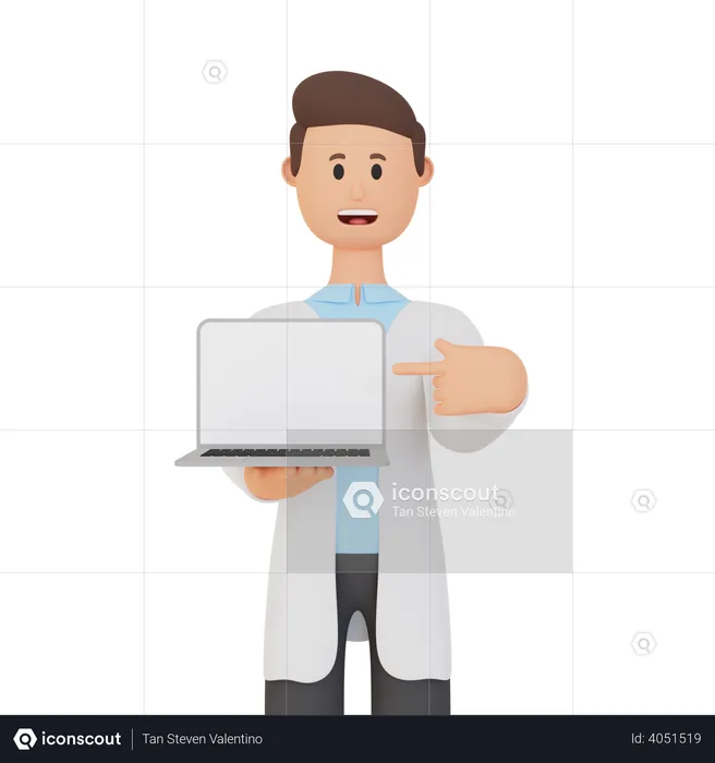 Hombre mostrando la pantalla del portátil  3D Illustration