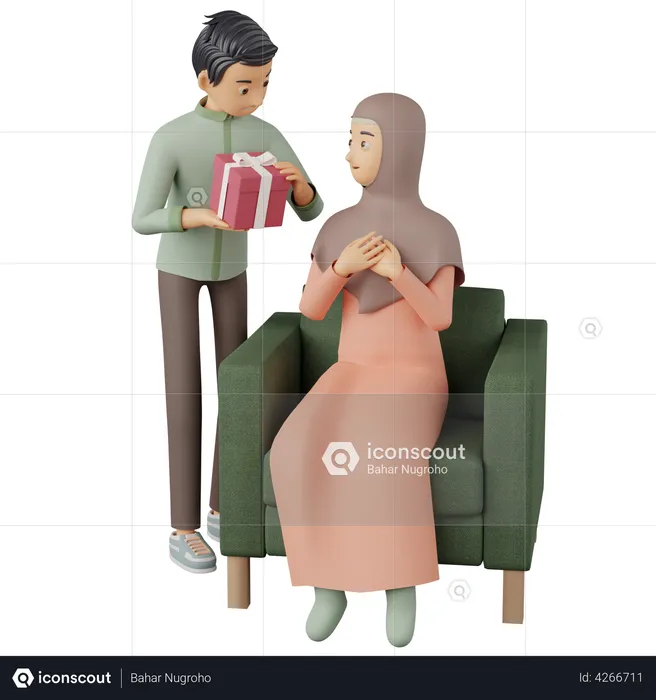 Hombre musulmán presentando un regalo a su esposa  3D Illustration