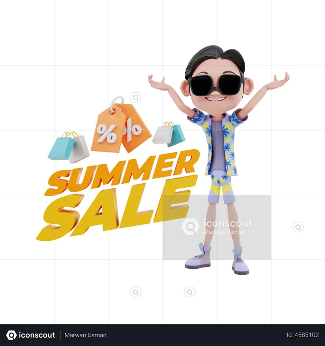 Hombre promocionando rebajas de verano.  3D Illustration