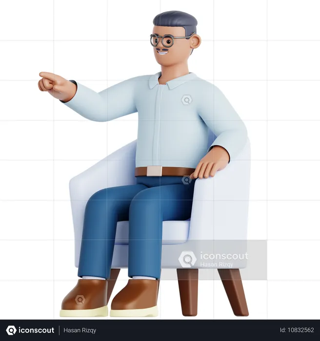 Hombre sentado en el sofá y señalando  3D Illustration