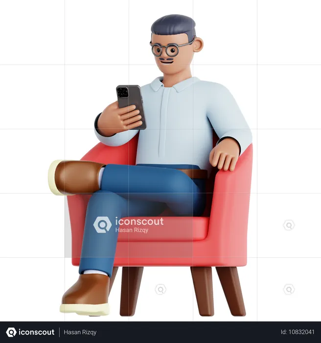 Hombre sentado y usando el teléfono  3D Illustration