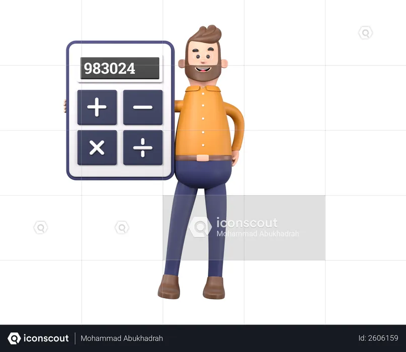 Hombre sujetando la calculadora  3D Illustration