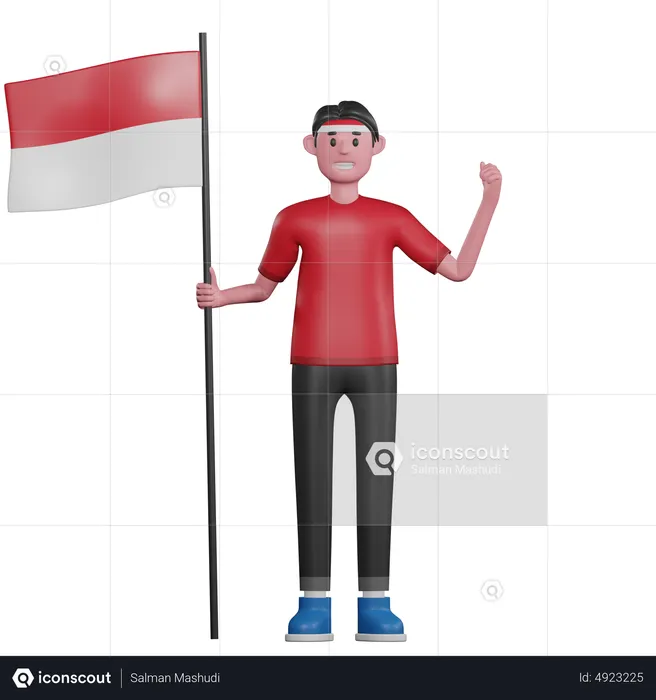 Hombre que sostiene la bandera de indonesia  3D Illustration