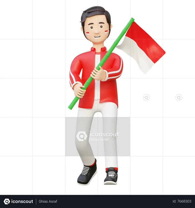 Hombre que sostiene la bandera de indonesia  3D Illustration