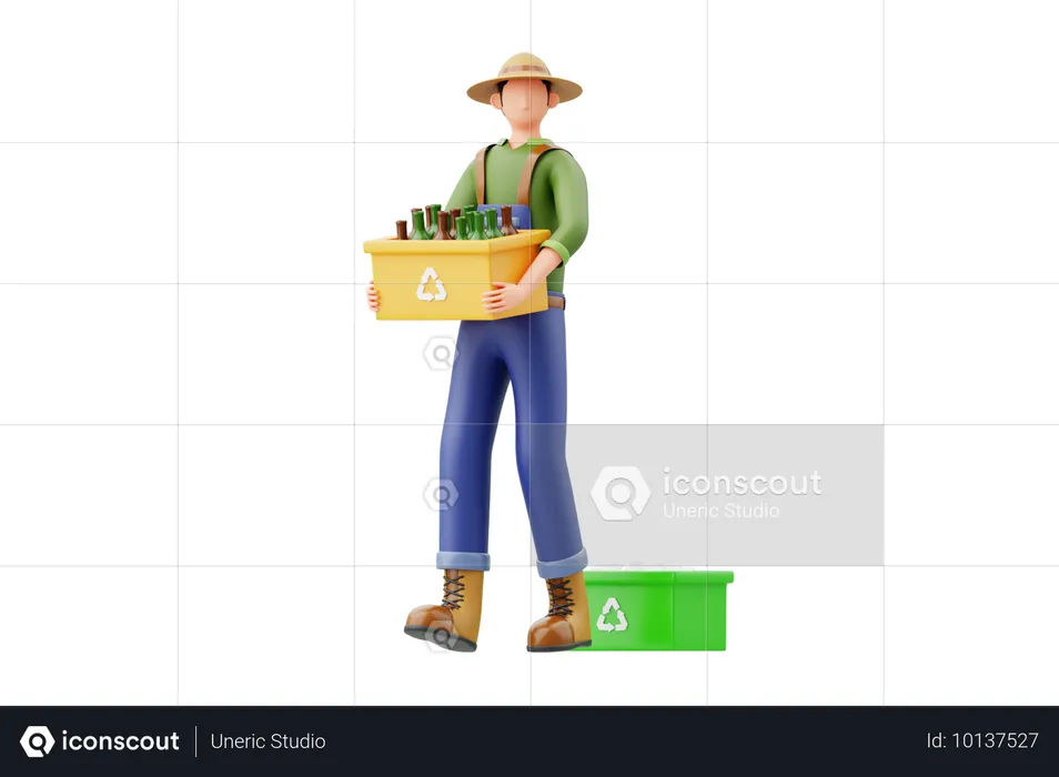 Hombre sosteniendo una canasta de botellas para reciclar  3D Illustration