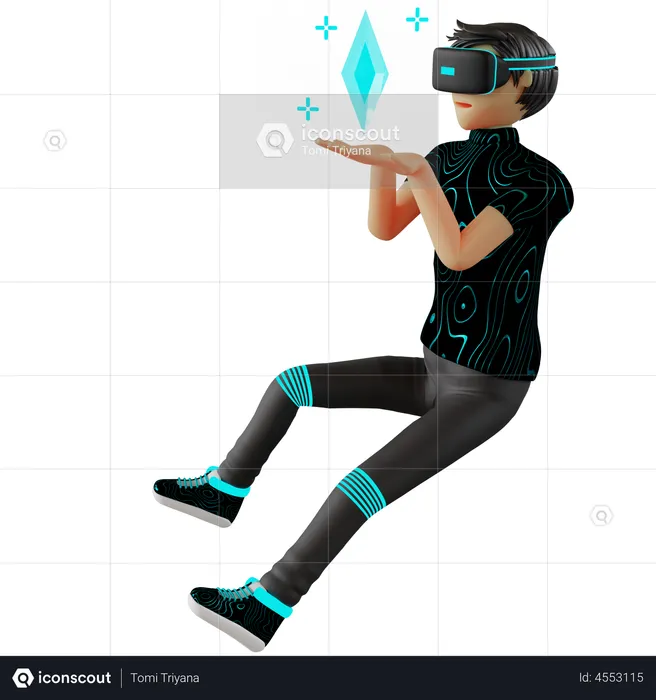 Hombre trabajando en cripto usando tecnología VR  3D Illustration