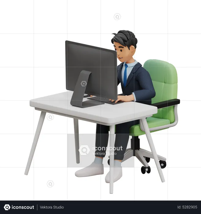 El hombre trabaja en el escritorio de la computadora  3D Illustration