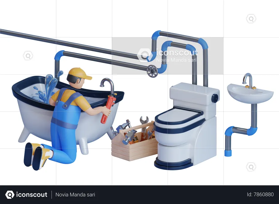 Hombre usa llave y cinta adhesiva para reparar el grifo de agua en la bañera  3D Illustration