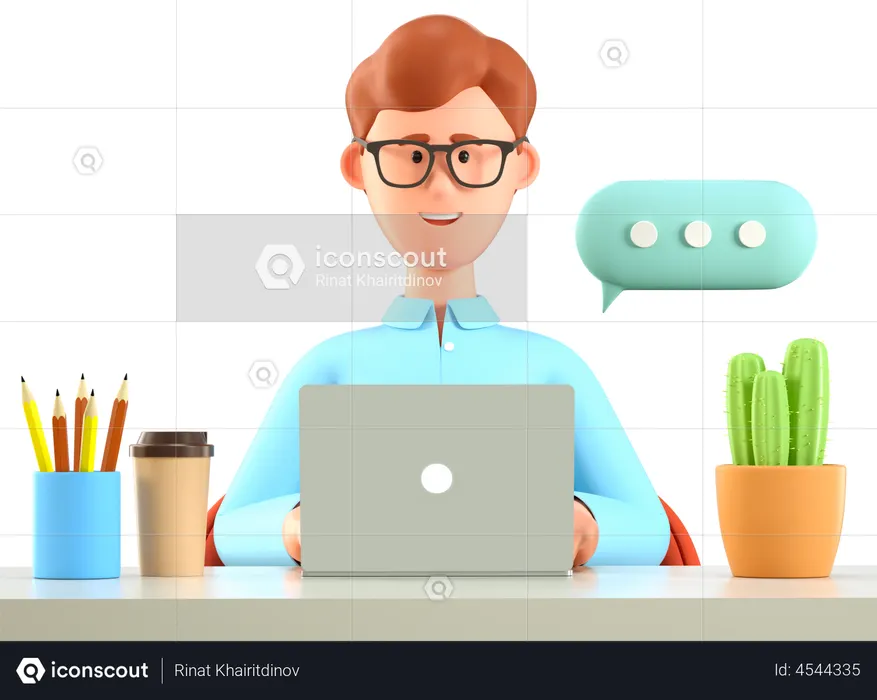 Hombre usando laptop y charlando  3D Icon