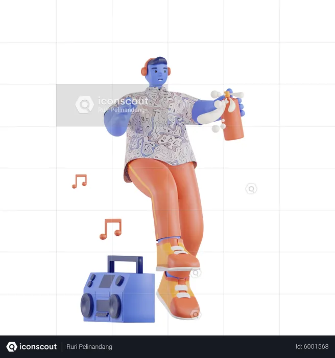 Hombre usando latas de aerosol mientras escucha música  3D Illustration