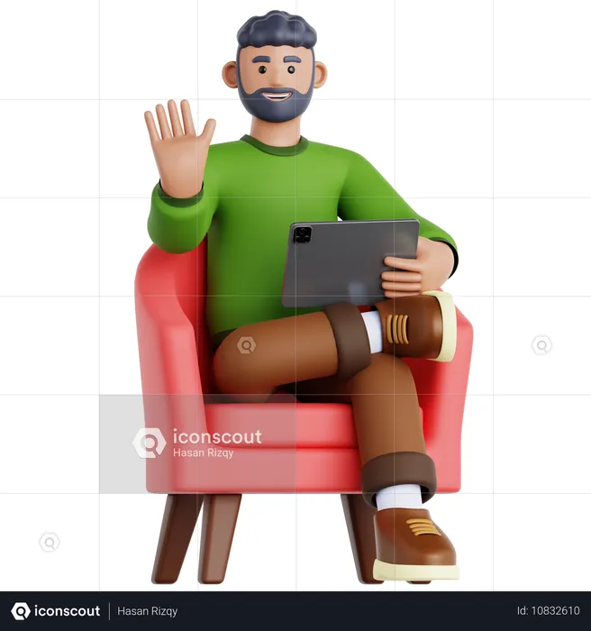 Hombre usando tableta en el sofá  3D Illustration