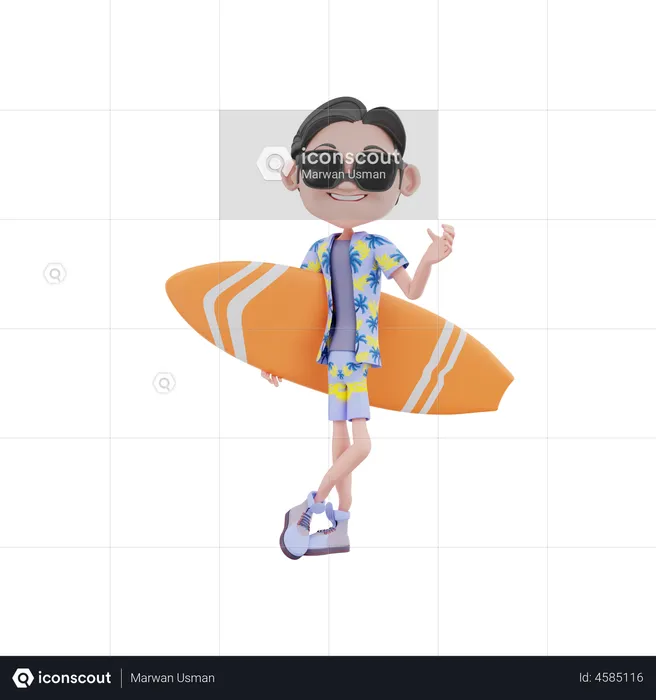 Viajero masculino sosteniendo tabla de surf  3D Illustration