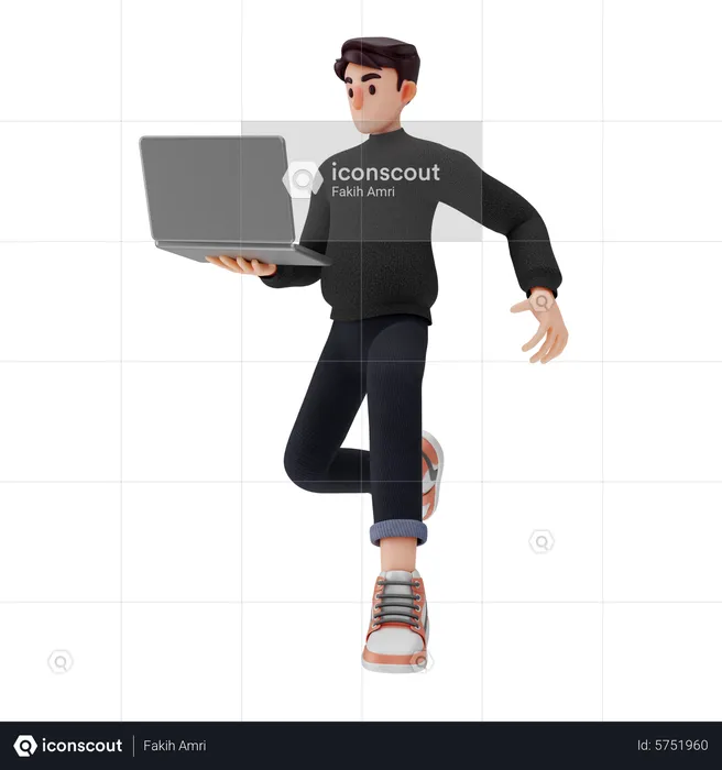 Homem andando enquanto segura o laptop  3D Illustration