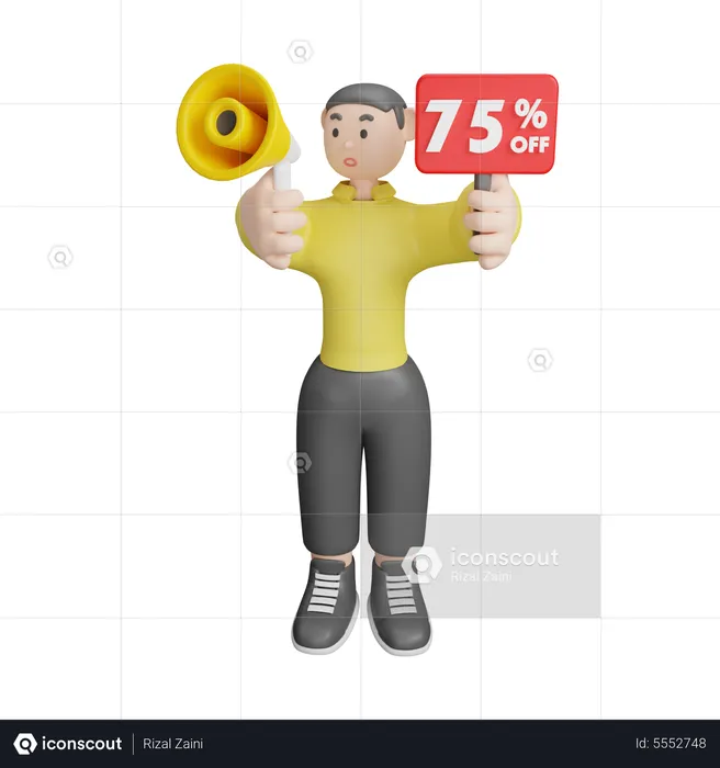 Homem anunciando cerca de 75% de desconto  3D Illustration