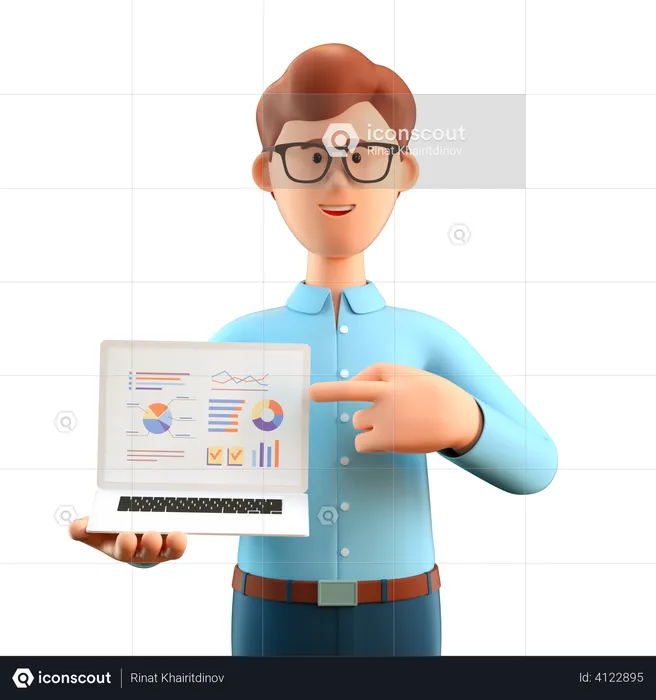 Homem apontando o dedo para a tela do laptop com gráficos de negócios  3D Illustration