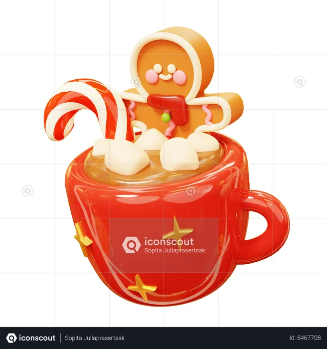 Boneco de gengibre tomando banho quente de chocolate quente com marshmallows doces e bengala doce  3D Icon