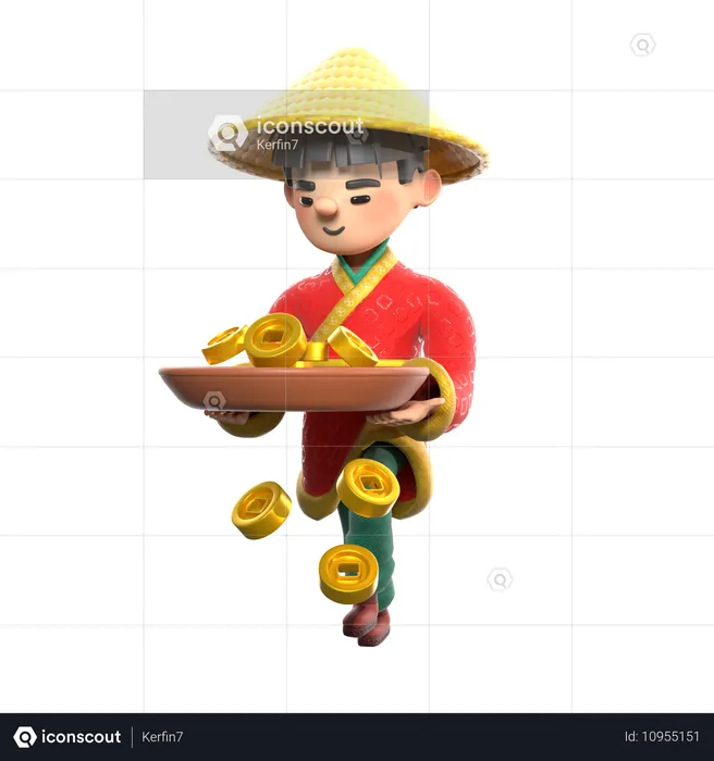 Homem chinês carregando moedas chinesas  3D Illustration