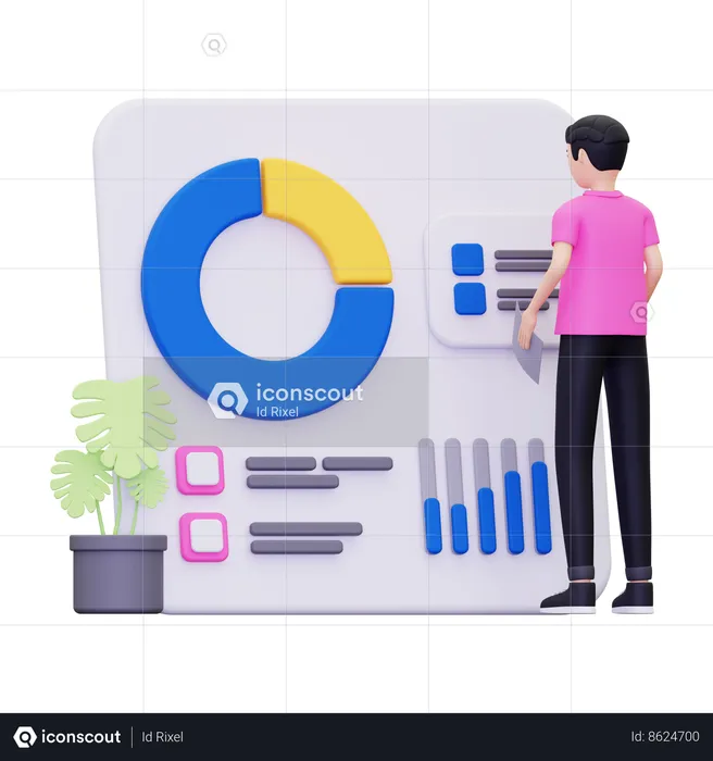 Homem com dados de análise de negócios  3D Illustration