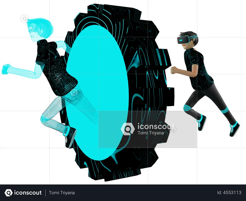 Homem com máquina do tempo no metaverso  3D Illustration
