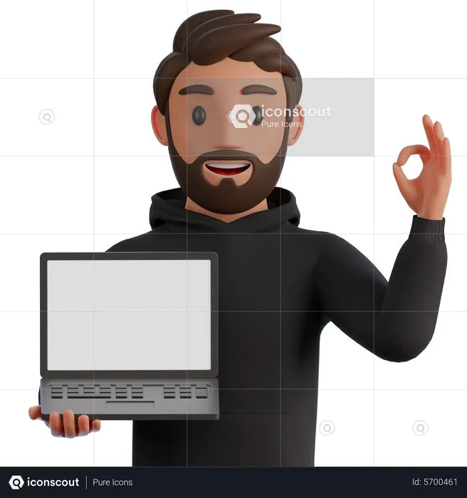 Homem com um gesto de ok mostrando gráficos de negócios na tela de um laptop  3D Illustration