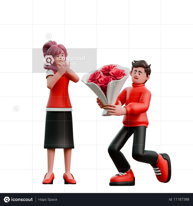 Homem dando buquê de rosas para mulher  3D Illustration