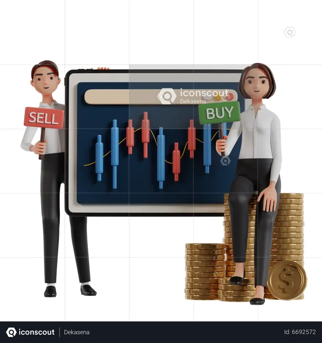 Homem e mulher segurando conselhos de investimento comercial de compra e venda  3D Illustration