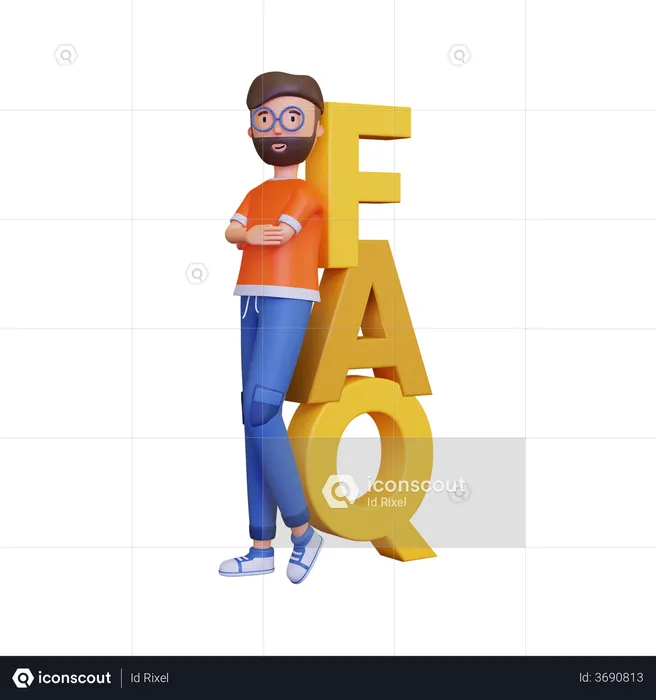 Homem parado atrás de perguntas frequentes  3D Illustration