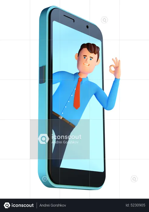 Homem espiando pela tela do smartphone com gesto ok  3D Icon