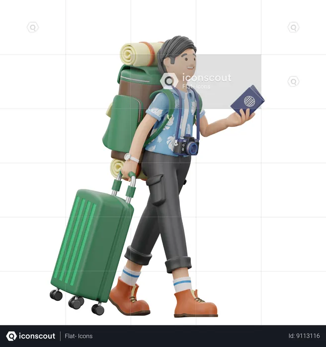 Homem está andando segurando uma mala e um passaporte  3D Illustration