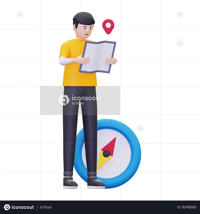 O homem está olhando para um local no mapa  3D Illustration